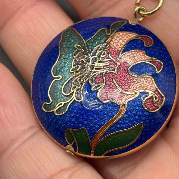 Vintage Cloisonne Enamel Butterfly Lily Pendant Necklace Blue Double Sided 24" - Picture 8 of 9
